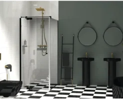 Jungborn Duschtür mit Seitenwand SETTE Drehtür mit Festteil links und Seitenwand rechts 80 x 90 cm Profilfarbe schwarz Klarglas mit schmutzabweisende Glasbeschichtung und Puffergriff