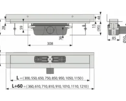 Jungborn Duschrinnenunterteil UNO 650 x 95 mm Wandeinbau Abflussleistung 35 l/min