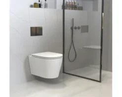 Jungborn Wand-WC Set SIX Tiefspüler ohne Spülrand weiß glänzend mit Beschichtung Nano-Effekt mit WC-Sitz (Absenkautomatik, Quick-Release leicht abnehmbar), Schallschutzmatte und Turbo-Flush-Technologie