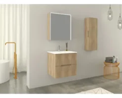 Jungborn Waschbeckenunterschrank SEDICI BxHxT 60 x 57 x 50 cm Frontfarbe tabak eiche geriffelt inkl. Einzelsiphon