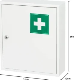 JUNG Tarmo Medizinschrank, abschließbar, groß 32x36 cm, Medikamentenschrank aus Metall, Weiß, Hausapotheke Box mit Erste-Hilfe Kennzeichnung gemäß DIN 4844/E003