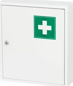 JUNG Tarmo Medizinschrank, abschließbar, groß 32x36 cm, Medikamentenschrank aus Metall, Weiß, Hausapotheke Box mit Erste-Hilfe Kennzeichnung gemäß DIN 4844/E003