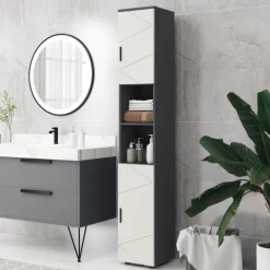 kleankin Badezimmerschrank schmal, Hochschrank Toilettenschrank mit Verstellbar Regal und 2 offenen Fächern, Badschrank für kleine Räume Badezimmer, Wohnzimmer 30 x 30 x 183 cm Grau