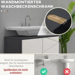 kleankin Waschbeckenunterschrank Unterschrank mit Verstellbarer Ablage, Waschtischunterschrank mit Griff, Badunterschrank mit Kippschutz, Grau, 60 x 30 x 60 cm