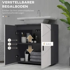 kleankin Waschbeckenunterschrank Unterschrank mit Verstellbarer Ablage, Waschtischunterschrank mit Griff, Badunterschrank mit Kippschutz, Grau, 60 x 30 x 60 cm