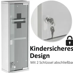 kleankin Medizinschrank Arzneischrank Erste-Hilfe-Schrank mit Schloss 3 Fächer Mattglas 430 Edelstahl+gehärtete Glastür Silber 20 x 12 x 58 cm