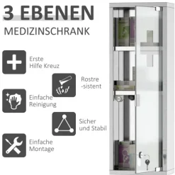 kleankin Medizinschrank Arzneischrank Erste-Hilfe-Schrank mit Schloss 3 Fächer Mattglas 430 Edelstahl+gehärtete Glastür Silber 20 x 12 x 58 cm