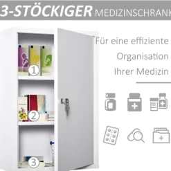 kleankin Medizinschrank Arzneischrank Erste-Hilfe-Schrank mit Schloss 3 Fächer Stahl Weiß 40 x 18 x 60 cm