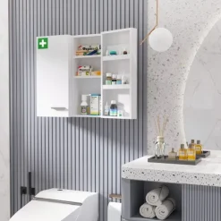 kleankin Medizinschrank, 2-türiger Medikamentenschrank mit 6 Einlegeböden, Apothekerschrank für Wandmontage, Abschließbarer Arzneischrank, Erste Hilfe Schrank, Stahl, Weiß, 55 x 18 x 60 cm