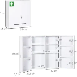 kleankin Medizinschrank, 2-türiger Medikamentenschrank mit 6 Einlegeböden, Apothekerschrank für Wandmontage, Abschließbarer Arzneischrank, Erste Hilfe Schrank, Stahl, Weiß, 55 x 18 x 60 cm