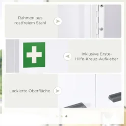 kleankin Medizinschrank, 2-türiger Medikamentenschrank mit 6 Einlegeböden, Apothekerschrank für Wandmontage, Abschließbarer Arzneischrank, Erste Hilfe Schrank, Stahl, Weiß, 55 x 18 x 60 cm