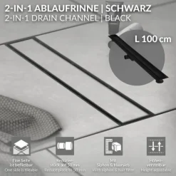 LuxeBath Duschrinne 100 cm 2in1, befliesbar, extra flach, Edelstahl, Schwarz, Doppelseitige Bodenablauf, Komplettset Bodenbefestigung, Duschablauf, Siphon mit Geruchsstop, Haarsieb, Ablaufrinne Dusche