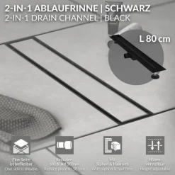 LuxeBath Duschrinne 80 cm 2in1, befliesbar, extra flach, Edelstahl, Schwarz, Doppelseitige Bodenablauf, Komplettset Bodenbefestigung, Duschablauf, Siphon mit Geruchsstop, Haarsieb, Ablaufrinne Dusche