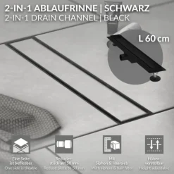 LuxeBath Duschrinne 60 cm 2in1, befliesbar, extra flach, Edelstahl, Schwarz, Doppelseitige Bodenablauf, Komplettset Bodenbefestigung, Duschablauf, Siphon mit Geruchsstop, Haarsieb, Ablaufrinne Dusche