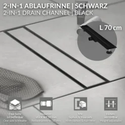 LuxeBath Duschrinne 70 cm 2in1, befliesbar, extra flach, Edelstahl, Schwarz, Doppelseitige Bodenablauf, Komplettset Bodenbefestigung, Duschablauf, Siphon mit Geruchsstop, Haarsieb, Ablaufrinne Dusche