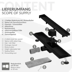 LuxeBath Duschrinne 70 cm 2in1, befliesbar, extra flach, Edelstahl, Schwarz, Doppelseitige Bodenablauf, Komplettset Bodenbefestigung, Duschablauf, Siphon mit Geruchsstop, Haarsieb, Ablaufrinne Dusche