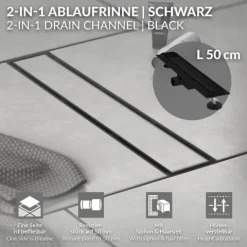 LuxeBath Duschrinne 50 cm 2in1, befliesbar, extra flach, Edelstahl, Schwarz, Doppelseitige Bodenablauf, Komplettset Bodenbefestigung, Duschablauf, Siphon mit Geruchsstop, Haarsieb, Ablaufrinne Dusche
