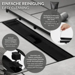 LuxeBath Duschrinne 90 cm 2in1, befliesbar, extra flach, Edelstahl, Schwarz, Doppelseitige Bodenablauf, Komplettset Bodenbefestigung, Duschablauf, Siphon mit Geruchsstop, Haarsieb, Ablaufrinne Dusche