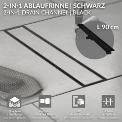 LuxeBath Duschrinne 90 cm 2in1, befliesbar, extra flach, Edelstahl, Schwarz, Doppelseitige Bodenablauf, Komplettset Bodenbefestigung, Duschablauf, Siphon mit Geruchsstop, Haarsieb, Ablaufrinne Dusche