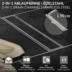 LuxeBath Duschrinne 90cm 2in1, befliesbar, extra flach, Edelstahl, Silber, Doppelseitige Bodenablauf, Komplettset Bodenbefestigung, Duschablauf, Siphon mit Geruchsstop, Haarsieb, Ablaufrinne Dusche