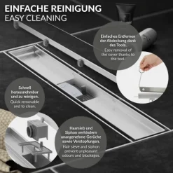 LuxeBath Duschrinne 90cm 2in1, befliesbar, extra flach, Edelstahl, Silber, Doppelseitige Bodenablauf, Komplettset Bodenbefestigung, Duschablauf, Siphon mit Geruchsstop, Haarsieb, Ablaufrinne Dusche