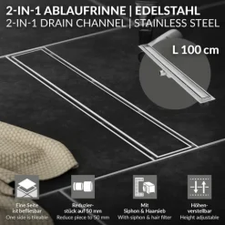 LuxeBath Duschrinne 100cm 2in1, befliesbar, extra flach, Edelstahl, Silber, Doppelseitige Bodenablauf, Komplettset Bodenbefestigung, Duschablauf, Siphon mit Geruchsstop, Haarsieb, Ablaufrinne Dusche