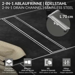 LuxeBath Duschrinne 70cm 2in1, befliesbar, extra flach, Edelstahl, Silber, Doppelseitige Bodenablauf, Komplettset Bodenbefestigung, Duschablauf, Siphon mit Geruchsstop, Haarsieb, Ablaufrinne Dusche