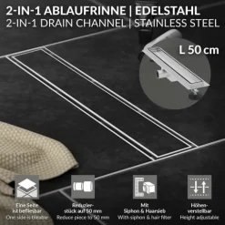 LuxeBath Duschrinne 50 cm 2in1, befliesbar, extra flach, Edelstahl, Silber, Doppelseitige Bodenablauf, Komplettset Bodenbefestigung, Duschablauf, Siphon mit Geruchsstop, Haarsieb, Ablaufrinne Dusche