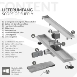 LuxeBath Duschrinne 50 cm 2in1, befliesbar, extra flach, Edelstahl, Silber, Doppelseitige Bodenablauf, Komplettset Bodenbefestigung, Duschablauf, Siphon mit Geruchsstop, Haarsieb, Ablaufrinne Dusche
