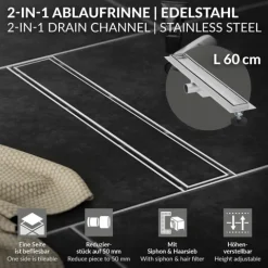 LuxeBath Duschrinne 60 cm 2in1, befliesbar, extra flach, Edelstahl, Silber, Doppelseitige Bodenablauf, Komplettset Bodenbefestigung, Duschablauf, Siphon mit Geruchsstop, Haarsieb, Ablaufrinne Dusche