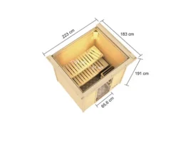 Massivholzsauna Karibu Adelina inkl.9 kW Ofen u.ext.Steuerung mit Dachkranz und bronzierter Ganzglastüre