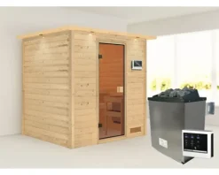 Massivholzsauna Karibu Adelina inkl.9 kW Ofen u.ext.Steuerung mit Dachkranz und bronzierter Ganzglastüre