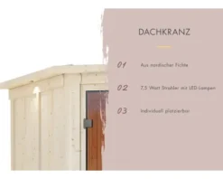 Massivholzsauna Karibu Antonia ohne Ofen mit Dachkranz und bronzierter Ganzglastüre