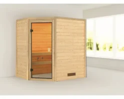 Massivholzsauna Karibu Jella ohne Ofen und Dachkranz mit bronzierter Ganzglastüre