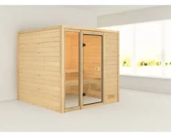 Massivholzsauna Karibu Jutta ohne Ofen und Dachkranz mit bronzierter Ganzglastüre