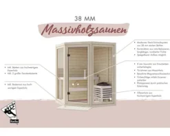 Massivholzsauna Karibu Suma inkl. 9 kW Ofen u.ext.Steuerung mit Ganzglastür aus Klarglas