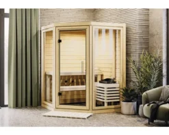 Massivholzsauna Karibu Suma inkl. 9 kW Ofen u.ext.Steuerung mit Ganzglastür aus Klarglas