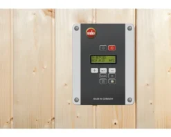 Massivholzsauna Weka Kemi Eck GT Gr.1 inkl. 7,5 kW Ofen u.digitaler Steuerung mit graphitfarbeneer Ganzglastüre