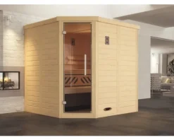 Massivholzsauna Weka Kemi Eck GT Gr.1 inkl. 7,5 kW Ofen u.digitaler Steuerung mit graphitfarbeneer Ganzglastüre