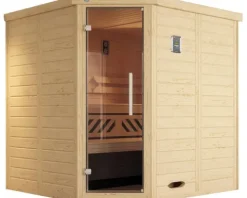 Massivholzsauna Weka Kemi Eck GT Gr.1 inkl. 7,5 kW Ofen u.digitaler Steuerung mit graphitfarbeneer Ganzglastüre