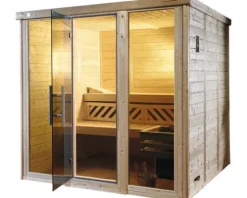 Massivholzsauna Weka Kemi Panorama Gr.2 inkl. 7,5 kW Ofen u.digitaler Steuerung mit Fenster und graphitfarbiger Ganzglastüre