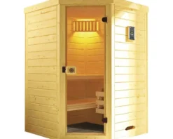 Massivholzsauna Weka Laukkala inkl. 3,6 kW Ofen u.digitaler Steuerung ohne Fenster mit Ganzglastüre aus Klarglas