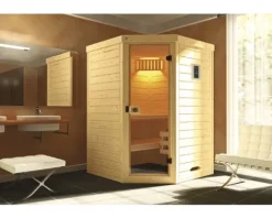 Massivholzsauna Weka Laukkala inkl. 3,6 kW Ofen u.digitaler Steuerung ohne Fenster mit Ganzglastüre aus Klarglas