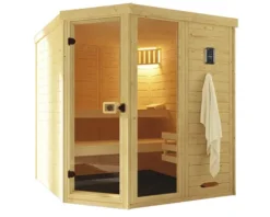 Massivholzsauna Weka Laukala Gr.3 inkl. 7,5 kW Ofen u.digitaler Steuerung mit Fenster und Ganzglastüre aus Klarglas
