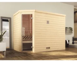 Massivholzsauna Weka Turku Eck GT Gr.3 inkl. 7,5 kW Ofen u.digitaler Steuerung mit graphitfarbeneer Ganzglastüre
