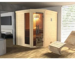 Massivholzsauna Weka Turku Eck GTF Set 1 inkl. 7,5 kW Ofen u.digitaler Steuerung mit Fenster und graphitfarbeneer Ganzglastüre