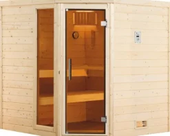 Massivholzsauna Weka Turku Eck GTF Set 1 inkl. 7,5 kW Ofen u.digitaler Steuerung mit Fenster und graphitfarbeneer Ganzglastüre