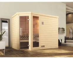 Massivholzsauna Weka Turku Eck GTF Gr.3 inkl. 7,5 kW Ofen u.digitaler Steuerung mit Fenster und graphitfarbeneer Ganzglastüre