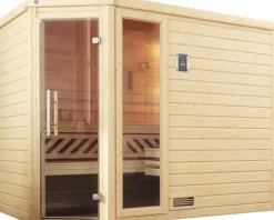 Massivholzsauna Weka Turku Eck GTF Gr.3 inkl. 7,5 kW Ofen u.digitaler Steuerung mit Fenster und graphitfarbeneer Ganzglastüre