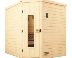 Massivholzsauna Weka Turku Eck Gr.2 inkl. 7,5 kW Ofen mit digitaler Steuerung und Holztüre mit Isolierglas wärmegedämmt